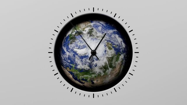 Earth planet clock animation concept representing global time, climate change awareness, environmental responsibility, sustainability and the future of life on our planet