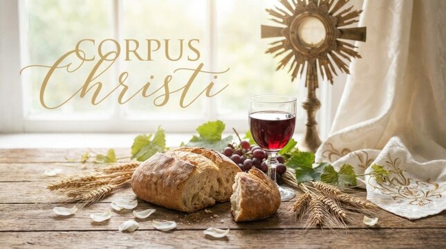 Profound spiritual reverence: Corpus Christi, religious Feast, Body essence, Blood symbol, Jesus Christ, sacred communion, divine sacrament, ancient tradition, wheat grain, grape cluster.