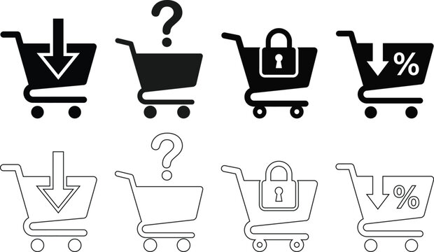 Shopping cart icons set add to cart question secure checkout discount
