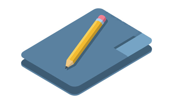 Isometric checkbook with a pencil resting on the cover in a minimalist flat style isolated on white background, business finance concept