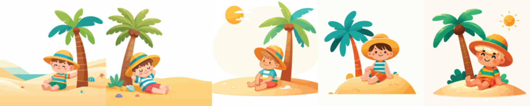 vector of a little boy sitting next to a coconut tree in summer