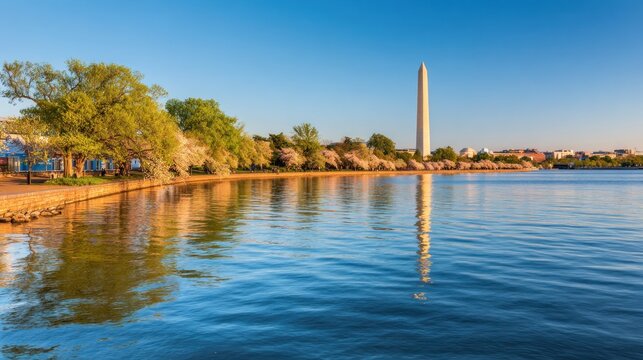 Washington dc sunrise view of the washington monument reflecting in the water along the tidal basin