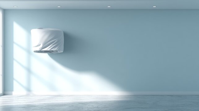 White pillow floating in a light blue room with natural light