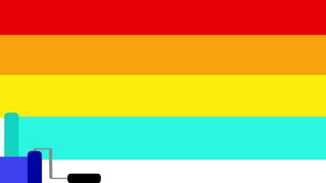 Flat animation of a paint roller applying multicolored horizontal stripes on white and green screen backgrounds.