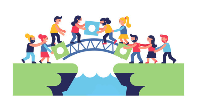 Bridging the Gap: A diverse group of people cooperates to build a bridge, symbolizing unity, connection, and collaborative problem-solving to overcome obstacles.