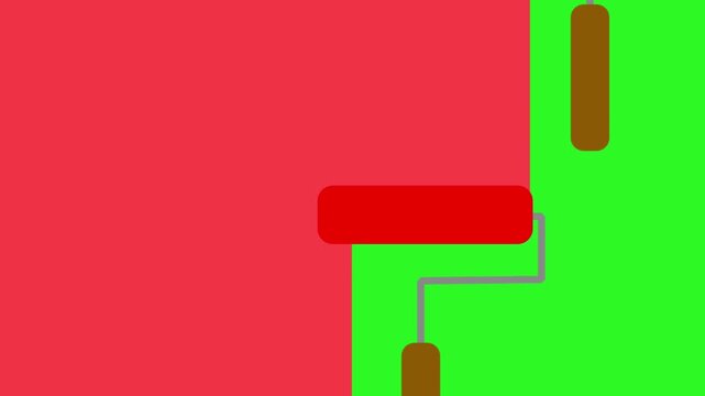 Flat animation of a paint roller filling a green screen background with solid red color.