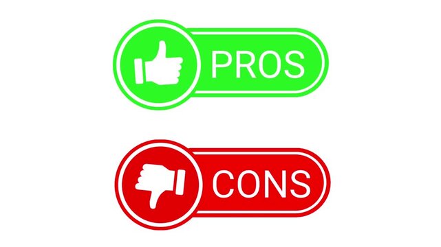 Green pros and red cons comparison badges sliding out and floating on a white background.