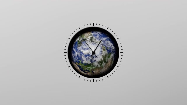 Animated analog clock with realistic planet Earth as clock face and moving hands isolated on light background, minimal design showing globe inside circular dial with time display animation