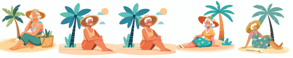 Obraz premium vector of a grandma sitting next to a coconut tree in summer