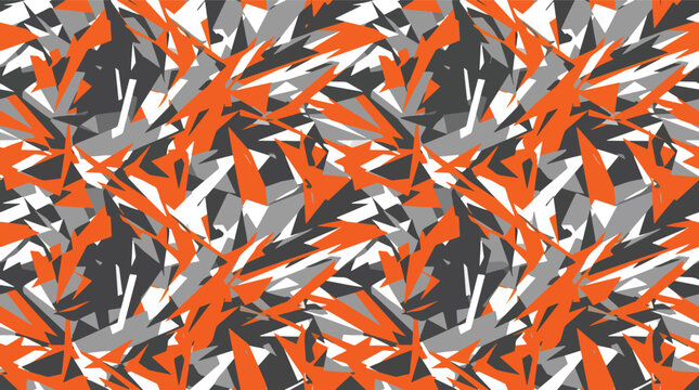 Vector seamless camo pattern with orange and charcoal grey jagged shards for extreme sports gear.