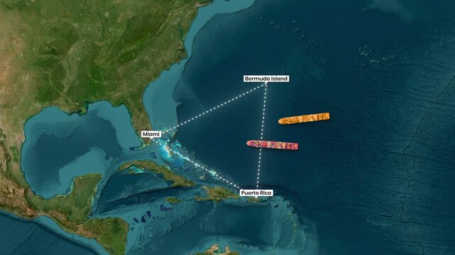 Cargo ships navigate oceanic routes between Bermuda, Miami, and Puerto Rico