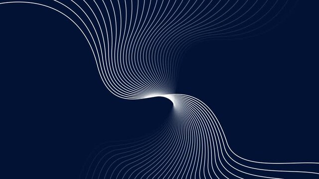 Abstract wavy lines motion background, fluid white geometric curves on dark blue, minimalist digital flow animation