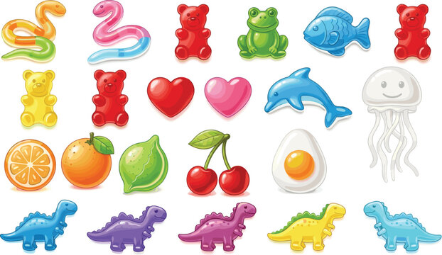 Cute Jelly Candy and Cartoon Animal Collection Vector Illustration with Gummy Bears, Dinosaurs, Fruits, and Sweet Dessert Elements
