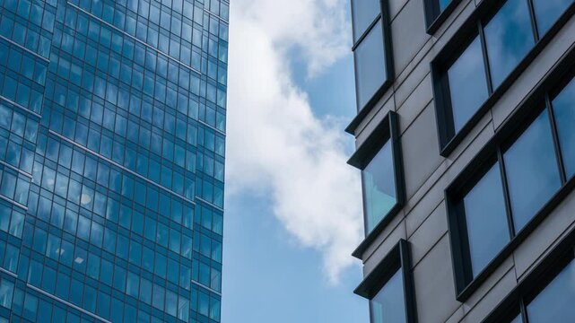 Timelapse of skyscrapers glass facades reflecting moving white clouds, blue sky mirrored in windows, modern architecture texture and urban design concept