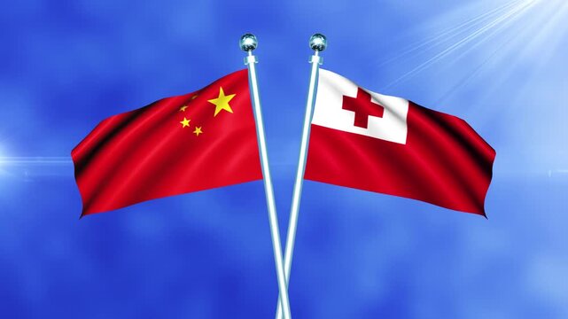 China and Tonga Flag Waving On Pole Loop