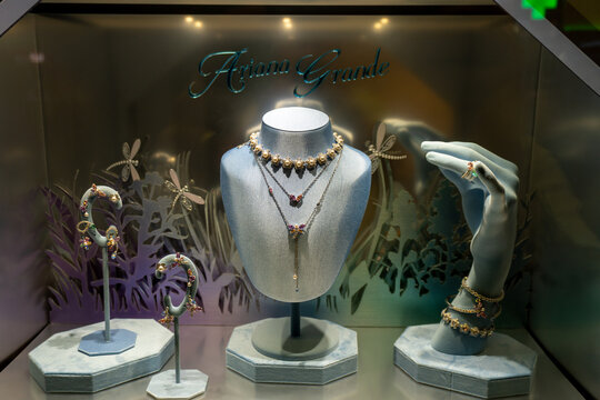 Timisoara, Romania April 27 2026: Ariana Grande Swarovski displaying glamorous jewelry in a stylish setup