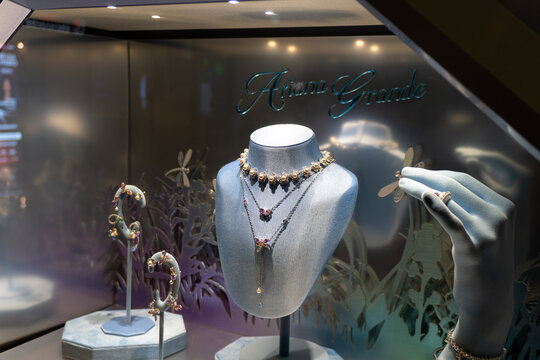 Timisoara, Romania April 27 2026: Ariana Grande Swarovski displaying glamorous jewelry in a stylish setup