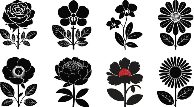 Botanical Flower Silhouette Icon Set Featuring Blooming Rose Orchid Daisy Camellia and Peony Stems for Elegant Floral Branding Patterns