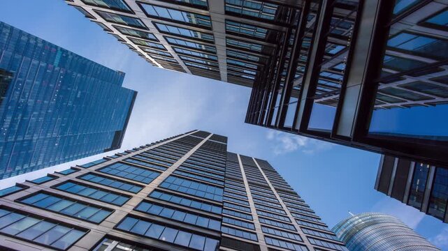 Low angle wide shot time-lapse of downtown high-rise glass skyscrapers on sunny day, financial district looking up tall modern architecture office buildings city center street, blue sky white clouds