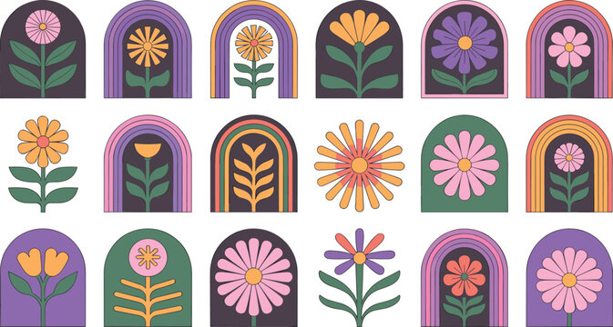 Retro Groovy Floral Icon Set with Abstract Arch Frames Colorful Blooming Flowers and Boho Rainbow Elements for Trendy Aesthetic Patterns