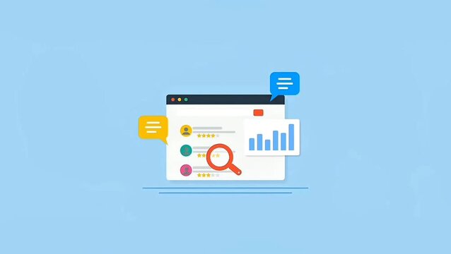2D animated browser interface showing customer reviews, five-star ratings, chat bubbles, and an analytics bar graph with a magnifying glass. Ideal for feedback analysis and digital marketing
