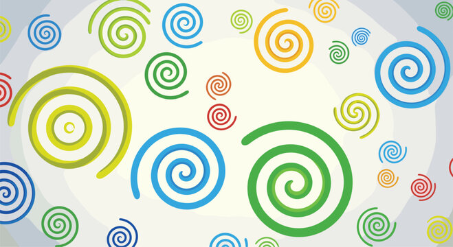 Lively seamless pattern featuring a joyful scattering of colorful spirals in various sizes, creating a whimsical and energetic background on a light, subtle backdrop.