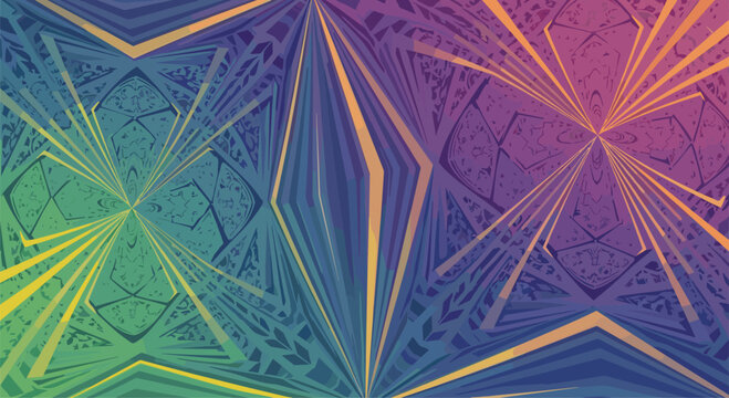 Striking symmetrical kaleidoscopic abstract pattern featuring intricate geometric forms and radiating lines, rendered in a vibrant, shifting gradient of purple, blue, green, and yellow.