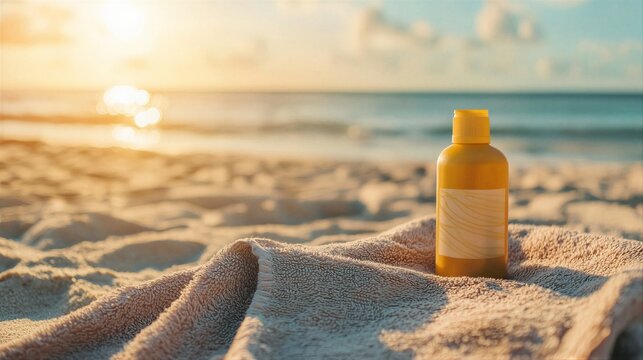 Plastic bottle with sunscreen on a towel at the beach during sunset. Skincare product for summer vacation and skin protection against ultraviolet rays. Cosmetic item for sun tanning.