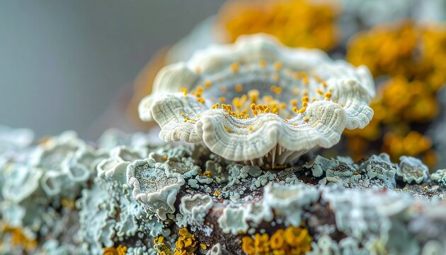 Close-up macro of white and yellow crustose lichen with apothecia on rock