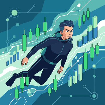 Deep Dive Financial Data Analysis Illustration with Scuba Diver Navigating Stock Market Candlestick Charts and Growth Graphs, Flexible Layout for Fintech Marketing