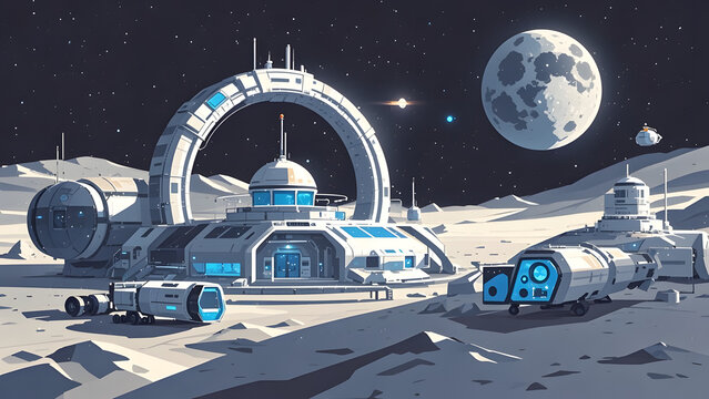 Futuristic lunar base with circular gateway and blue-lit modules under starry sky