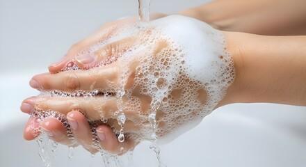 Fototapeta premium Hands washing with soap creating foam hygiene and cleanliness