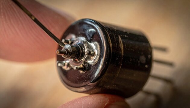 Close-up of hand-assembled vintage germanium transistor with point contacts