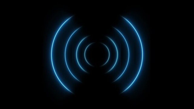 Pulsing blue neon radio waves signal animation on black background, abstract broadcast