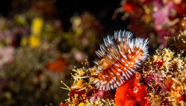 Close-up macro portrait of a fireworm with white bristles on coral reef