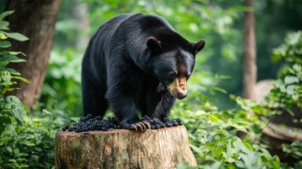 Obraz premium Black Bear Enjoying Blueberries on a Wooden Tree Stump Outdoors