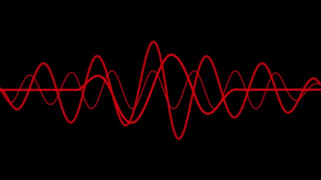 Animated red sine waves oscillating on a black background. A seamless looping minimalist design element representing sound frequencies, scientific data signals, and technology interfaces