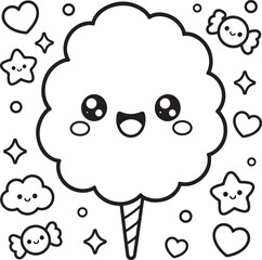 Fototapeta premium Cute Kawaii Food Coloring Pages Bundle – Adorable Cartoon Snacks, Desserts, Fast Food and Drinks Black and White Vector Illustration Collection for Kids Coloring Book