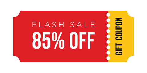Vector illustration of a striking red sale banner featuring 85% off promotion with a yellow gift coupon tag,. © Iconea