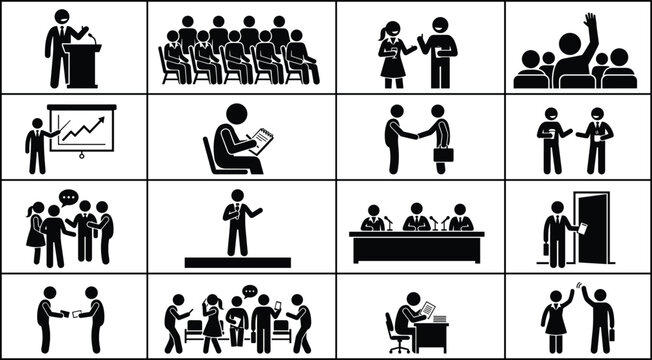 Business conference and corporate communication silhouette icon set featuring presentations networking meetings and professional office activities