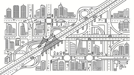 Obraz premium Detailed line art illustration of a bustling modern city with complex road networks, highways, buildings, and urban infrastructure.