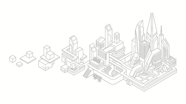 Isometric line art illustration showing the evolution of a city from simple blocks to complex skyscrapers and urban development.