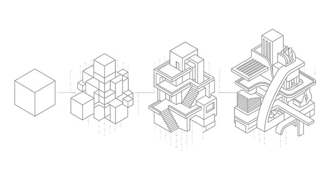 Isometric architectural diagrams illustrating the progressive development of a complex modular building from a simple cube, showcasing design evolution.