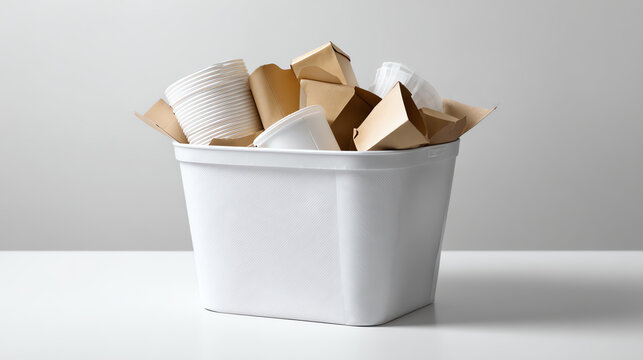 A container filled with discarded food packaging, highlighting waste and environmental concerns in modern society.