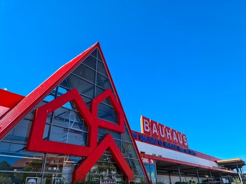 Kiel, Germany - 06. May 2026: Bauhaus DIY store building under clear blue sky