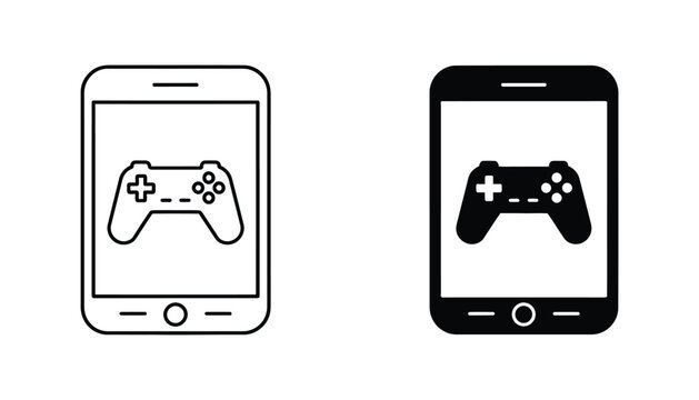 Gamepad controller inside mobile phone screen icon set in line art and solid black style for gaming and mobile application design isolated on white background