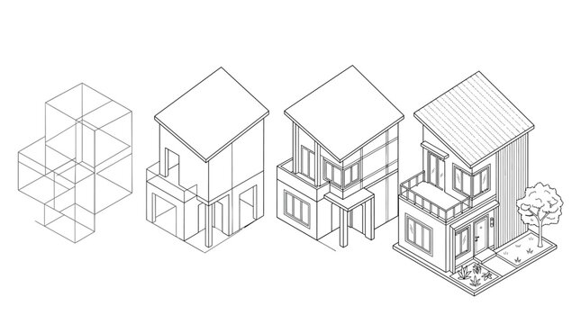 Isometric drawing tutorial showing the step-by-step construction of a modern two-story house with landscaping details.