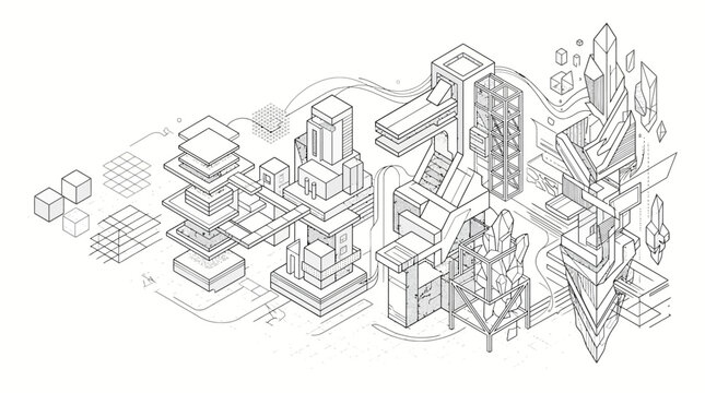 Detailed isometric line art illustrating a complex data processing system's evolution from simple blocks to intricate digital architecture.