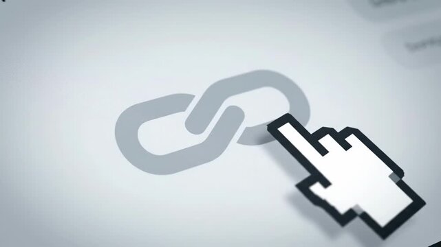 A computer cursor clicks on a link chain icon on a digital screen, symbolizing online connection and networking.