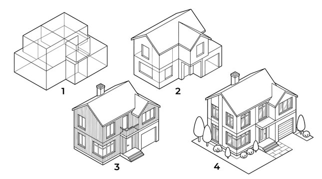 Four-step isometric drawing tutorial illustrating the construction of a detailed suburban house with landscaping elements.